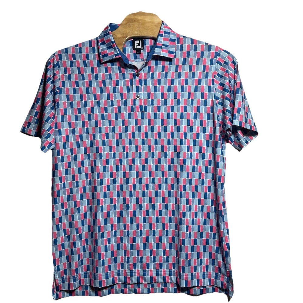 FootJoy Painted Tile Lisle Self Collar Mens Polo Shirt Blue Pink Size XL Pattern